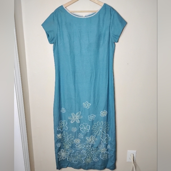 Vintage 90s Club Newport Maxi Dress Size 12 Blue Embroidered Hem Crochet Trim - Picture 2 of 8